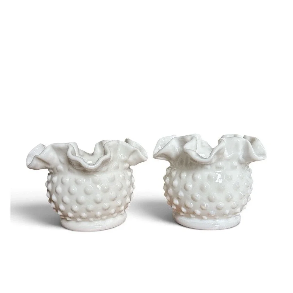 2 Fenton White Milk Glass Hobnail Crimped Ruffled Edge Rose Bowl Vase Vintage